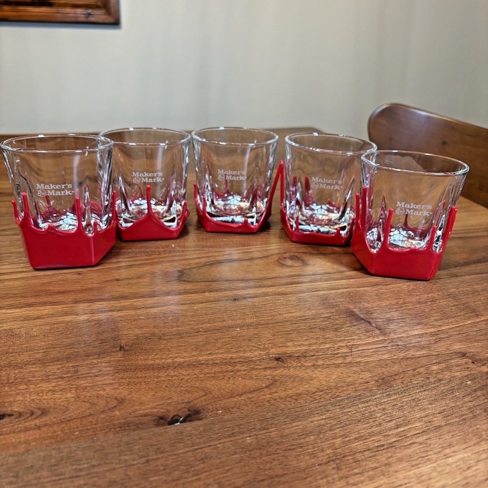 5 Maker's Mark Etched Dipped Red Wax Lowball Glasses Whiskey Barware